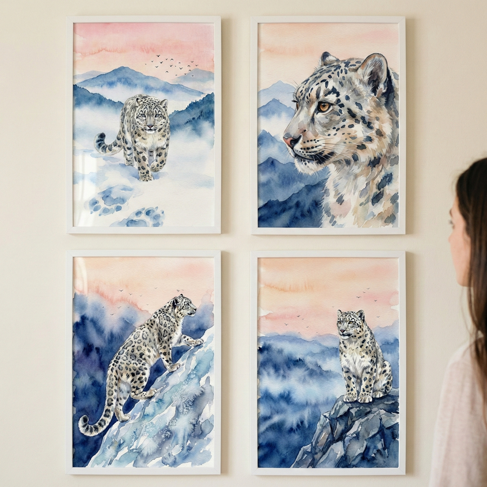 Snow Leopard Wall Art Set of 4 - Alpine Ghost Feline