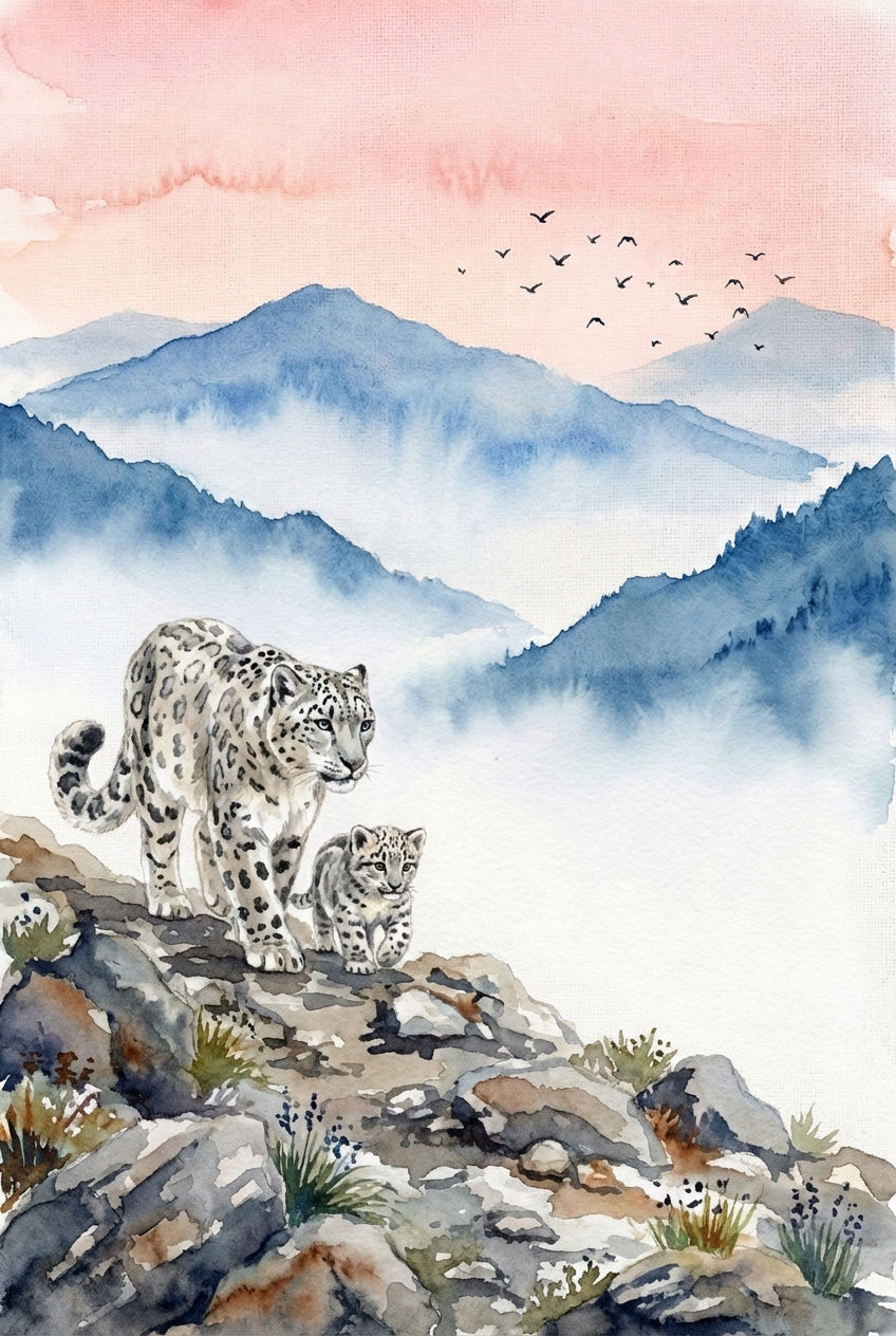 A watercolor artwork shows a snow leopard and its cub walking along a rocky mountain ridge. The animals feature thick fur with intricate dark spots. In the background, layers of blue mountains are partially hidden by a soft white mist. Above, a flock of small birds flies across a peach and pink sunset sky. Small tufts of grass grow between the textured gray and brown rocks. The composition has a soft, serene atmosphere with delicate brushstrokes and visible paper texture.
