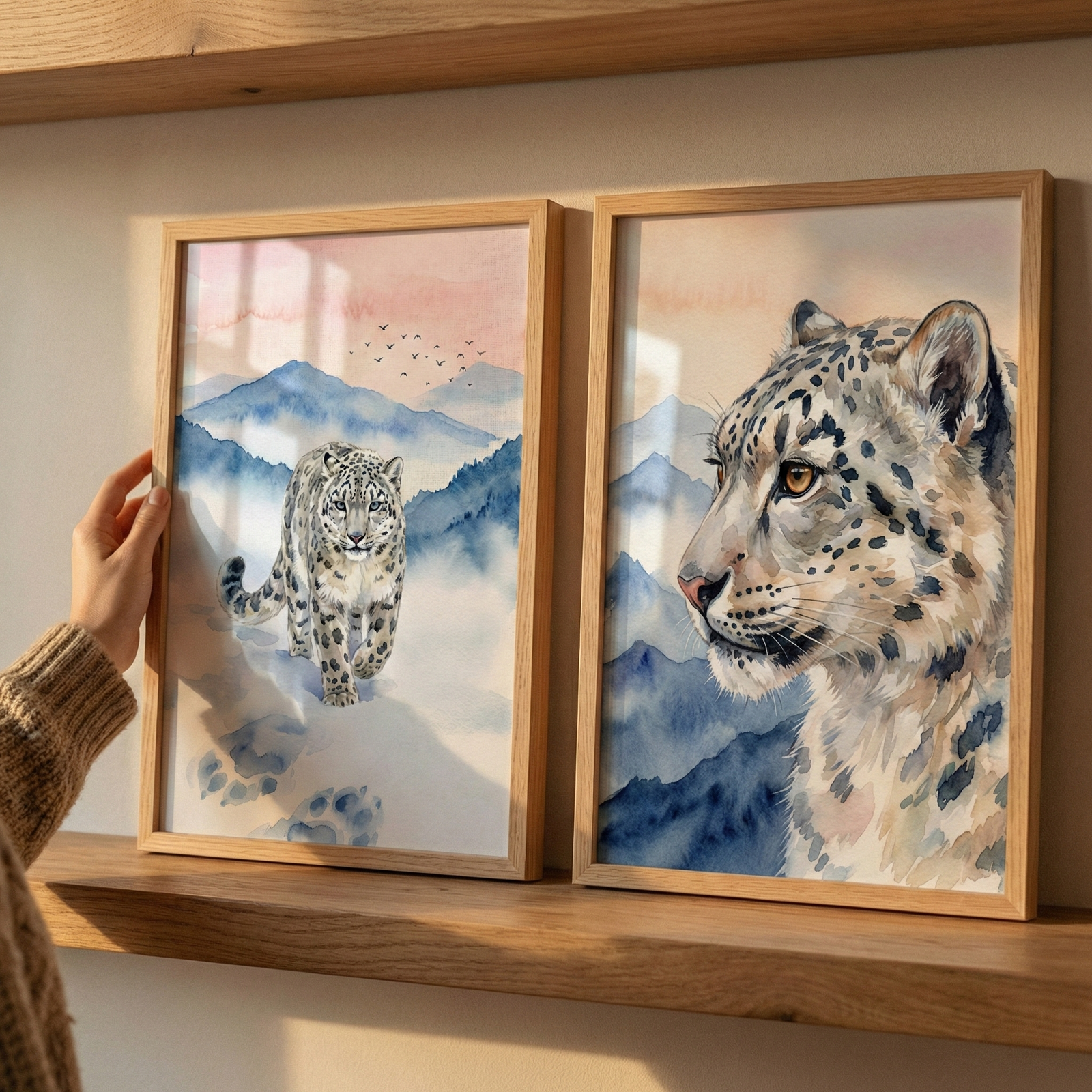 A hand adjusts two light wood frames on a wooden shelf. The left frame shows a watercolor illustration of a snow leopard walking through snowy mountains under a pink sky with birds. The right frame features a close-up watercolor profile of a snow leopard's head with a mountain backdrop. Both pieces display soft, blended blue and grey tones with detailed spotted fur, creating a serene artistic set in a warm, sunlit interior.