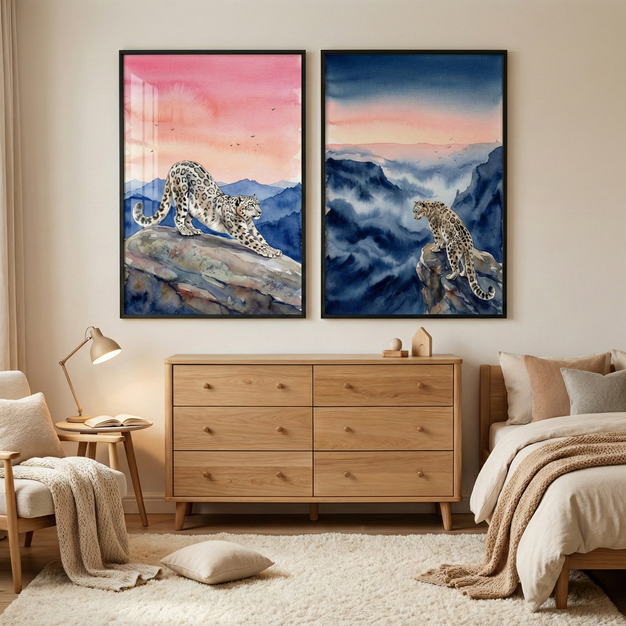 Snow Leopard Nursery Wall Art Set of 2 - Snow Leopard Skies