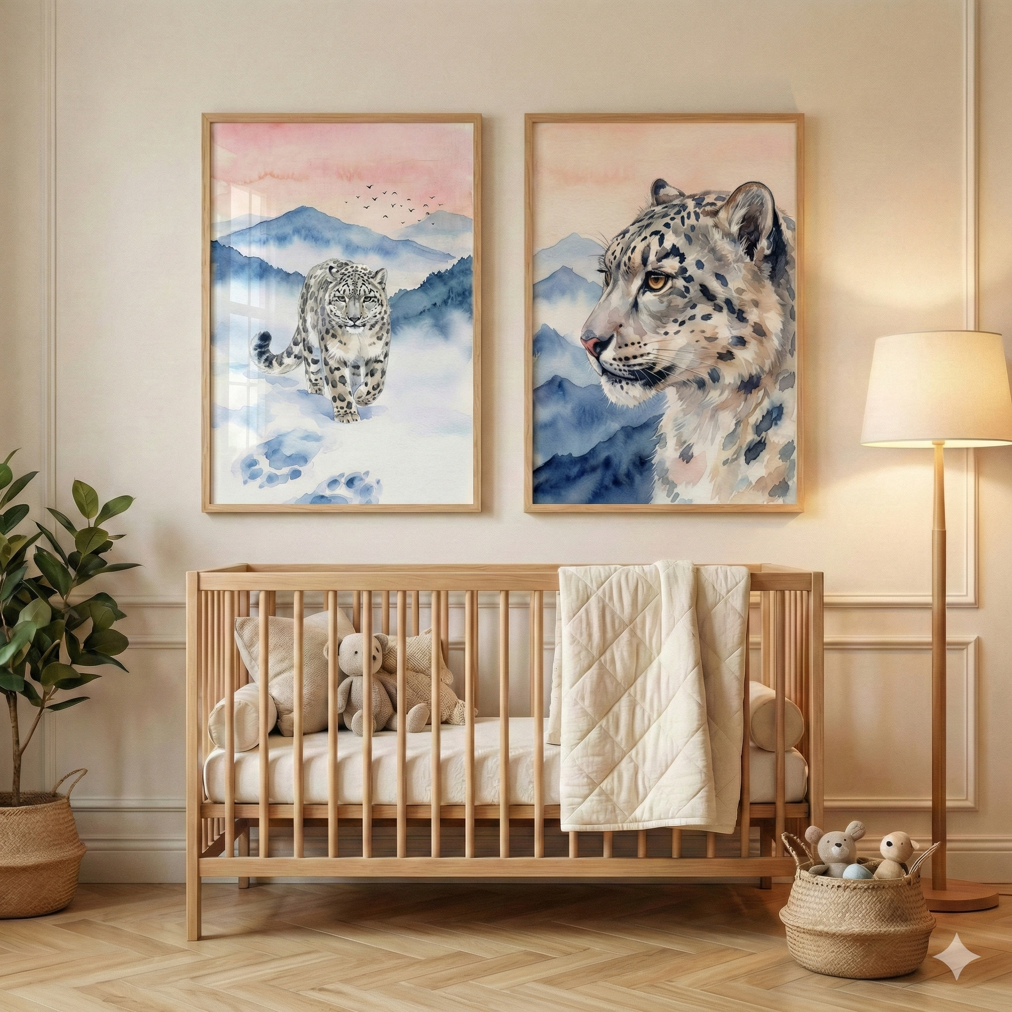 A neutral-toned nursery features a light wood crib centered against a wall with decorative molding. Above the crib, two framed watercolor illustrations show snow leopards in a blue and pink mountain setting. To the left, a large green plant sits in a woven basket. To the right, a floor lamp with a beige shade stands near a small basket filled with plush toys. Inside the crib are more soft animal toys and a quilted blanket. The room has light wood herringbone floors.