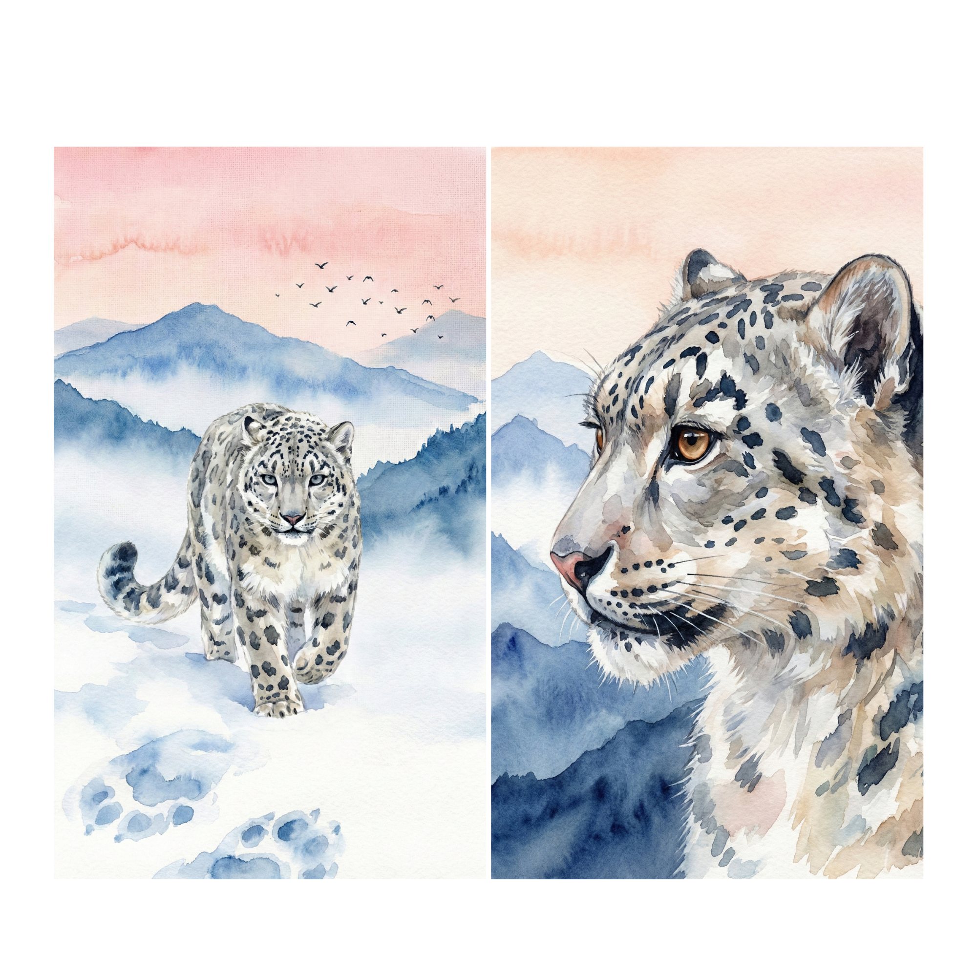Two watercolor paintings of a snow leopard in a misty mountain landscape beneath a soft pink sky with birds flying above. One shows the snow leopard walking through snow with visible paw prints while the other shows a close side profile portrait of the snow leopard with warm amber eyes against blue mountain peaks.
