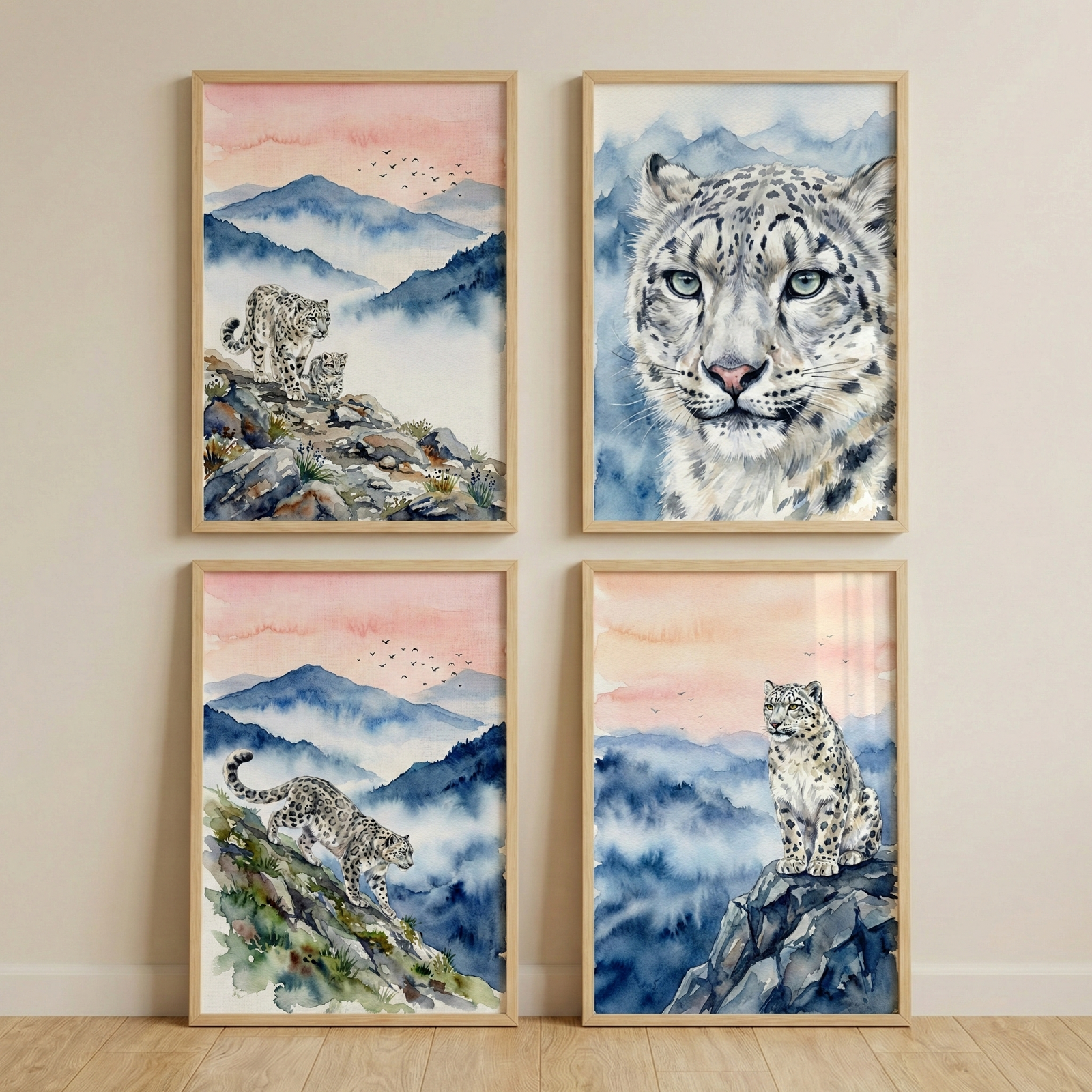 Four light wood frames are displayed on a neutral wall in a square grid. Each frame contains a watercolor illustration of snow leopards in a mountain habitat. The top-left shows an adult with its cub on a rocky ridge. The top-right is a detailed portrait of a leopard's face. The bottom-left depicts a leopard walking down a steep slope. The bottom-right features a leopard perched on a high rocky ledge. The art uses a serene palette of soft blues, misty pinks, and grays.