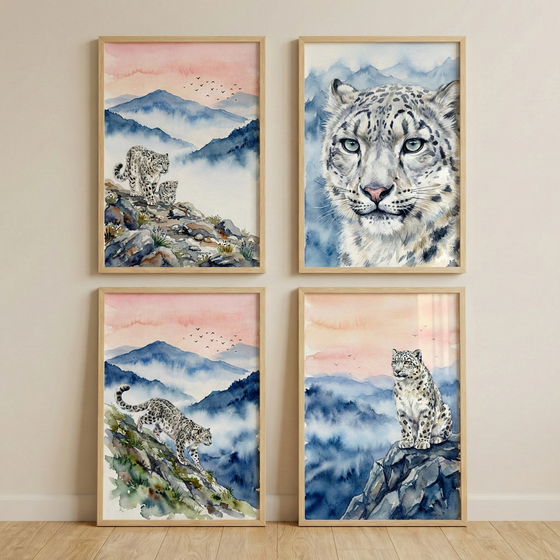 Four light wood frames are displayed on a neutral wall in a square grid. Each frame contains a watercolor illustration of snow leopards in a mountain habitat. The top-left shows an adult with its cub on a rocky ridge. The top-right is a detailed portrait of a leopard's face. The bottom-left depicts a leopard walking down a steep slope. The bottom-right features a leopard perched on a high rocky ledge. The art uses a serene palette of soft blues, misty pinks, and grays.
