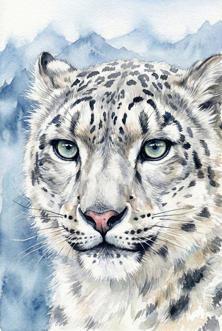 A detailed watercolor illustration of a snow leopard's face, shown in a close-up portrait. The animal features thick, off-white fur covered in intricate black spots and rosettes. Its large, striking eyes are a pale green-blue hue, and its small nose has a light pink tone. Long, delicate white whiskers sprout from its muzzle. The background is a soft, atmospheric wash of cool blues and purples, suggesting a cold, mountainous landscape. The style emphasizes fine lines and soft textures.