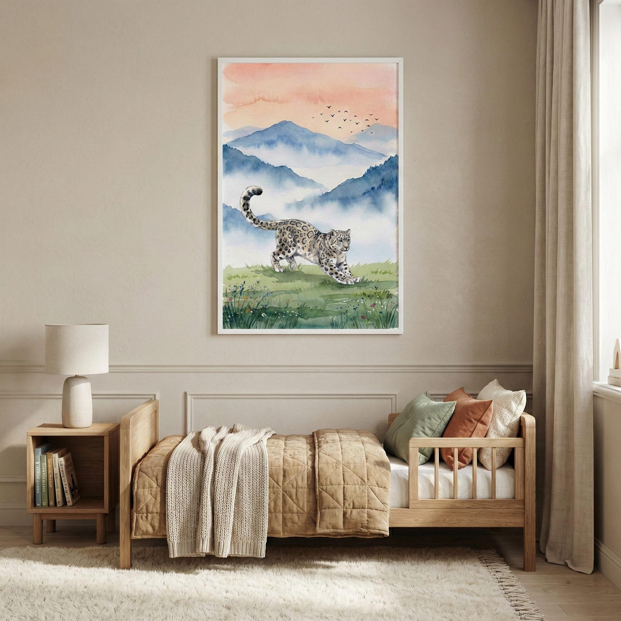 A cozy bedroom features a wooden bed with a beige quilt and a knit blanket, accompanied by a small wooden nightstand with books and a lamp. Above the bed hangs a vibrant painting of a snow leopard in a grassy field with misty mountains and a flock of birds in the background, adding a touch of nature to the room.