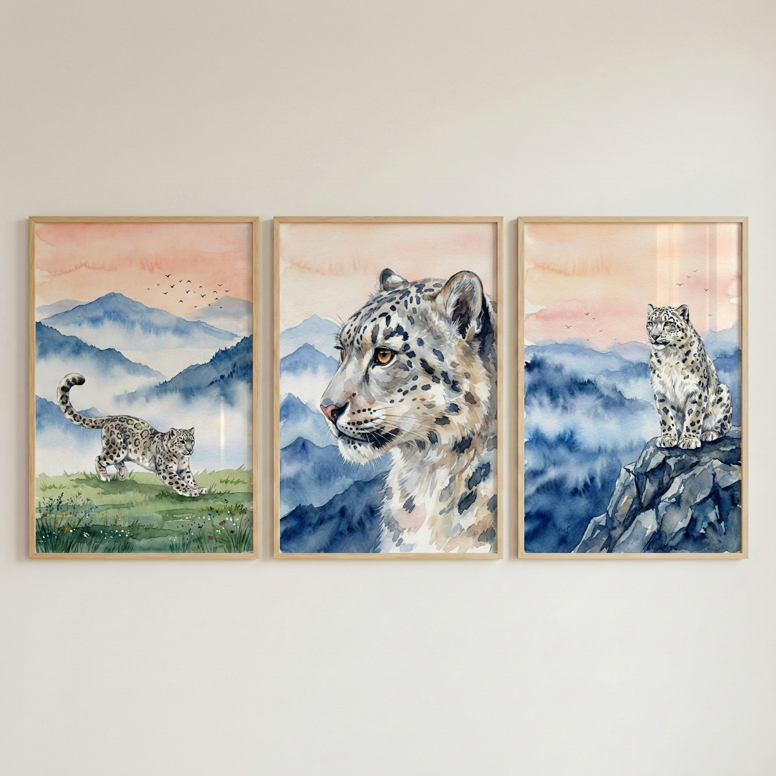 Three vertical, light-wood framed illustrations hang side-by-side on a neutral-colored wall. Each piece features a snow leopard in a misty mountain landscape under a soft peach and pink sunset sky. The left image shows a leopard walking across a green, grassy ridge. The center image is a close-up profile of a snow leopard's head. The right image depicts a leopard sitting on a jagged rocky outcrop overlooking blue, hazy mountains. The artwork uses a soft, watercolor-inspired aesthetic.