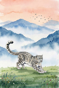 A watercolor-style illustration of a snow leopard with a thick, spotted coat stretching its front legs on a green, grassy meadow. The foreground is dotted with small, delicate wildflowers in shades of blue, white, and yellow. In the background, layers of blue mountains are partially obscured by soft, ethereal mist. The sky above is a pale peach and orange gradient, with a small flock of birds flying across the upper right. The entire scene has a soft, textured finish.