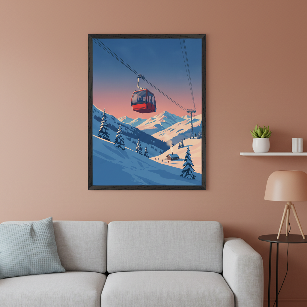 Modern living room with a light grey sectional sofa and a small side table. A framed print of a red gondola over snowy mountains at sunset with pine trees and a small cabin, in a flat illustrative style, hangs centered above the sofa.