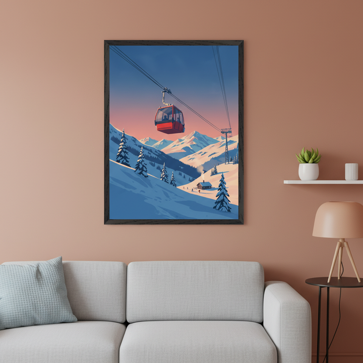Modern living room with a light grey sectional sofa and a small side table. A framed print of a red gondola over snowy mountains at sunset with pine trees and a small cabin, in a flat illustrative style, hangs centered above the sofa.