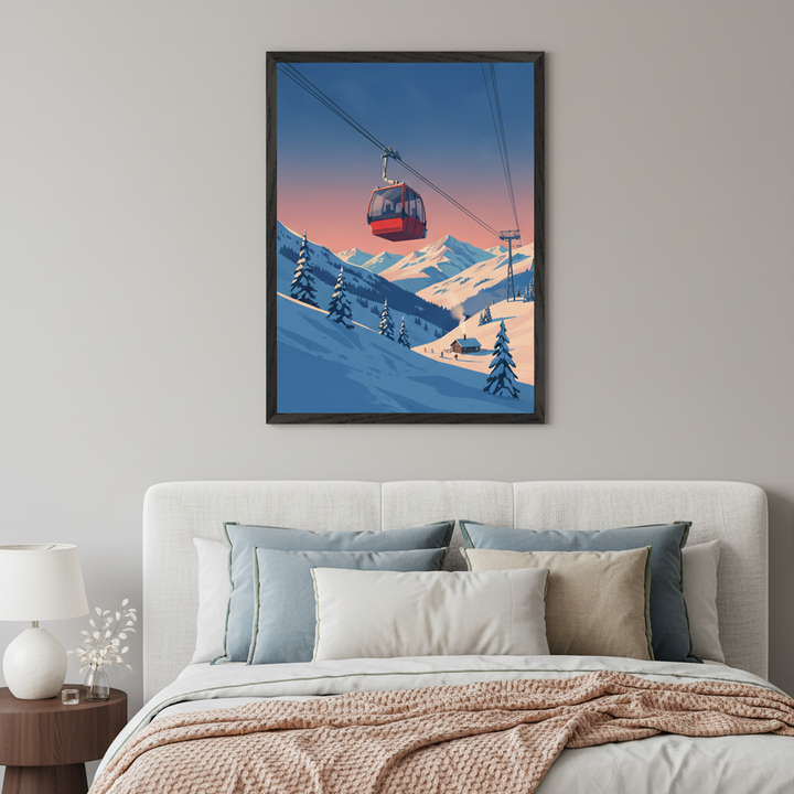 Modern bedroom with a white upholstered bed. A framed vertical print depicting a red gondola lift over a snowy mountain landscape with pine trees and a cabin, under a twilight sky, in a minimalist illustration style, hangs centered above the bed.