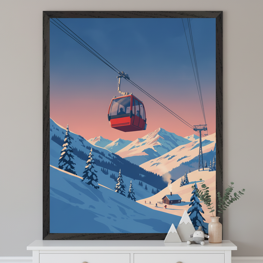 Modern room with a white dresser. A large dark-framed vertical print of a red ski gondola over a snowy mountain landscape at sunset hangs centered above the dresser. The art is in a flat, graphic illustration style, depicting pine trees, a lodge, and skiers.