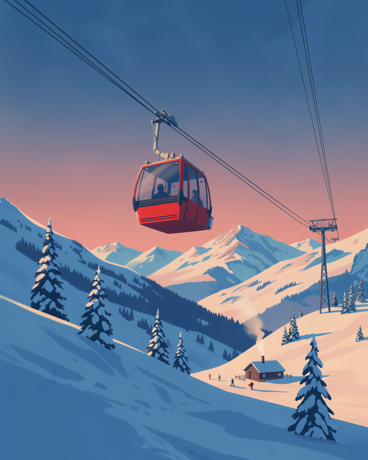 A red cable car glides over a snowy mountain landscape at sunset, with silhouetted figures visible inside. Below, snow-covered pine trees dot the slopes, and a cozy cabin emits smoke from its chimney. The sky transitions from pink to blue, enhancing the serene alpine scene.