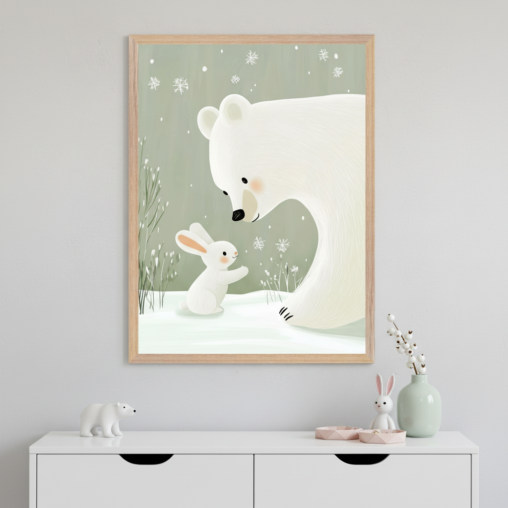 Sweet winter-themed illustration shows a white polar bear gently interacting with a small white bunny as snowflakes fall around them. The framed artwork rests on the floor between a woven basket planter with tall greenery and a plush giraffe toy, suggesting a cozy and playful nursery or child's room.