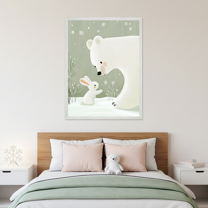 Modern kid's bedroom with a wooden headboard bed and white nightstands. A large framed illustration of a white polar bear looking at a white rabbit in a snowy green background with snowflakes hangs above the bed.