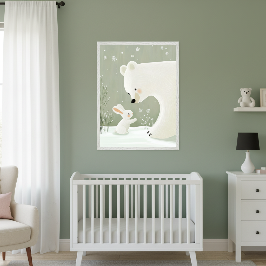 Modern nursery with a white crib and dresser against a sage green wall. A large framed illustration of a cartoon polar bear and a white rabbit in a snowy landscape with falling snowflakes hangs above the crib. An armchair is on the left.