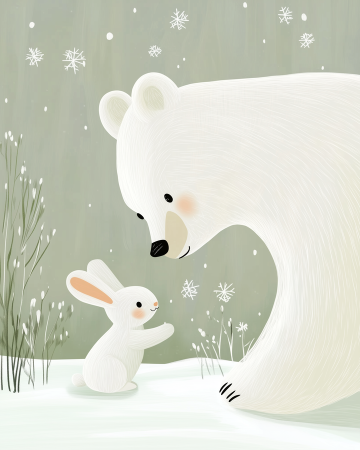 A charming illustration depicts a white bear and a bunny interacting in a snowy landscape. The bear leans down towards the bunny, who is sitting on its hind legs with its front paws raised. Snowflakes gently fall around them, and delicate plants with snow-tipped branches are visible in the background.