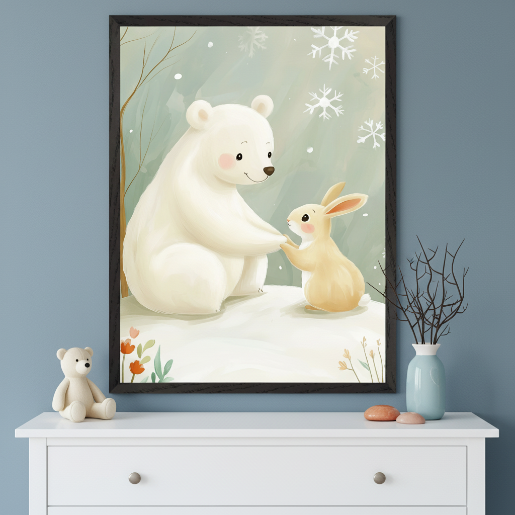 Modern room with a white cabinet. A framed watercolor illustration hangs above it, depicting a white polar bear and a brown rabbit holding hands in a snowy landscape with snowflakes.