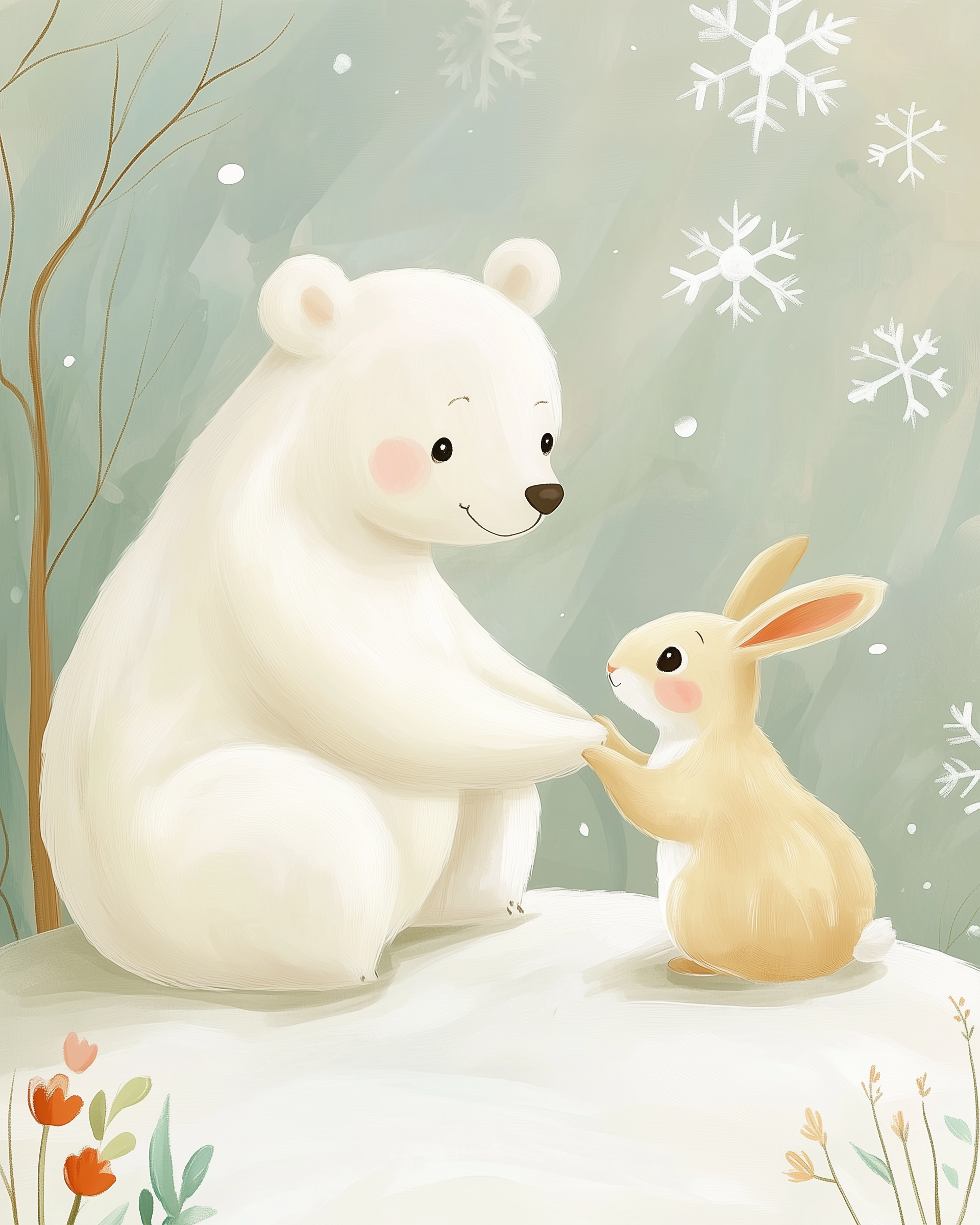 A cute illustration of a white bear and a light brown rabbit holding paws in a snowy setting, surrounded by delicate snowflakes and a few colorful flowers.