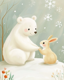 A cute illustration of a white bear and a light brown rabbit holding paws in a snowy setting, surrounded by delicate snowflakes and a few colorful flowers.