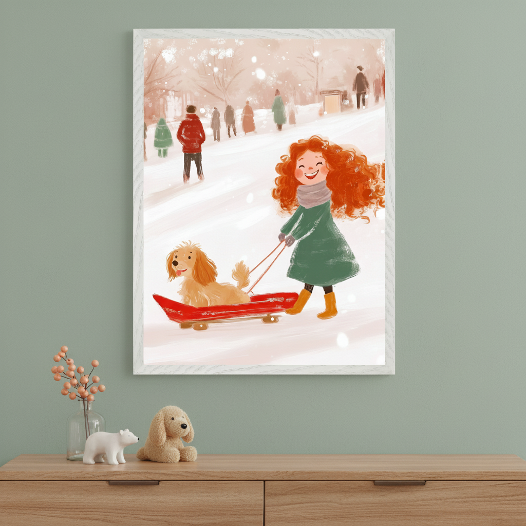 Kid's room with a wooden dresser. A framed whimsical illustration of a happy red-haired girl pulling a dog on a red sled in a snowy park hangs above the dresser. Christmas trees and plush toys are on the dresser.