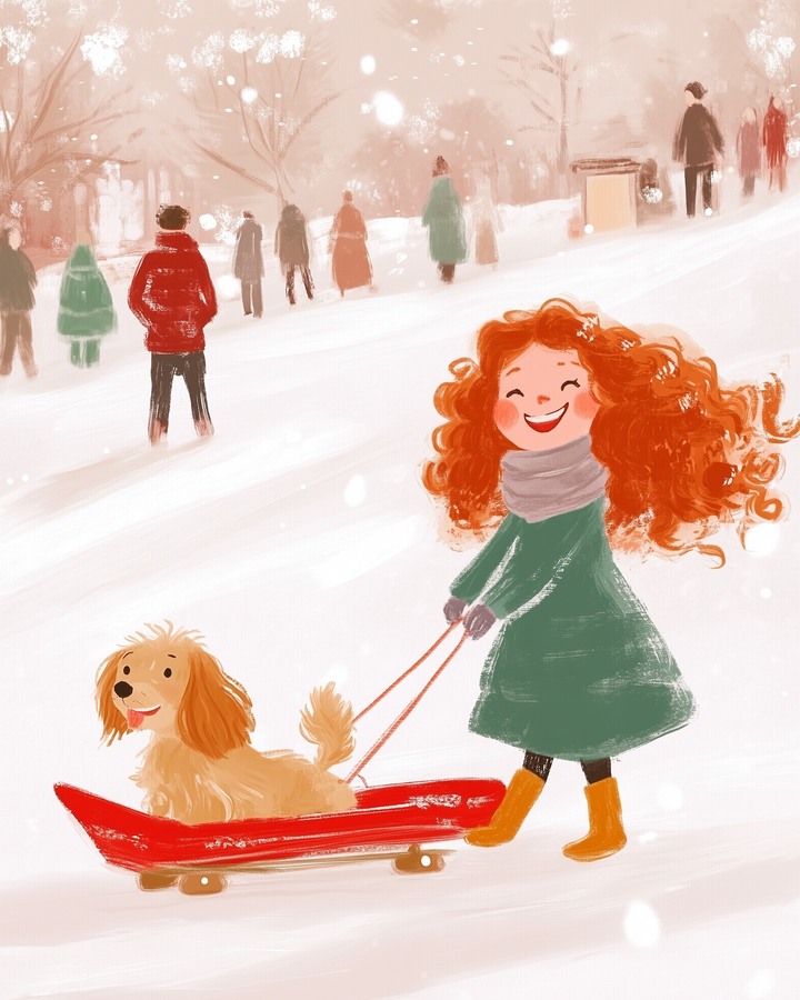 A cheerful illustration of a girl with curly red hair pulling a red sled carrying a happy dog through a snowy park. She wears a green coat, gray scarf, and yellow boots, while people in winter attire walk in the background among snow-covered trees.