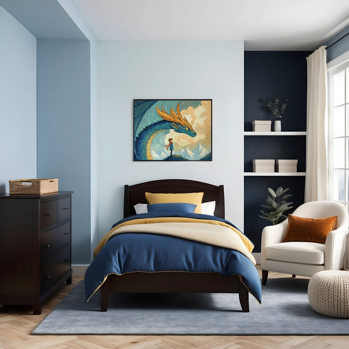 Modern child’s bedroom with light blue and navy walls, featuring a dark wood bed with navy, gold, and cream bedding placed on a soft gray rug. Above the bed, a framed fantasy illustration shows a child standing bravely in front of a large blue dragon with golden horns, set against a backdrop of mountains and a glowing sky.
