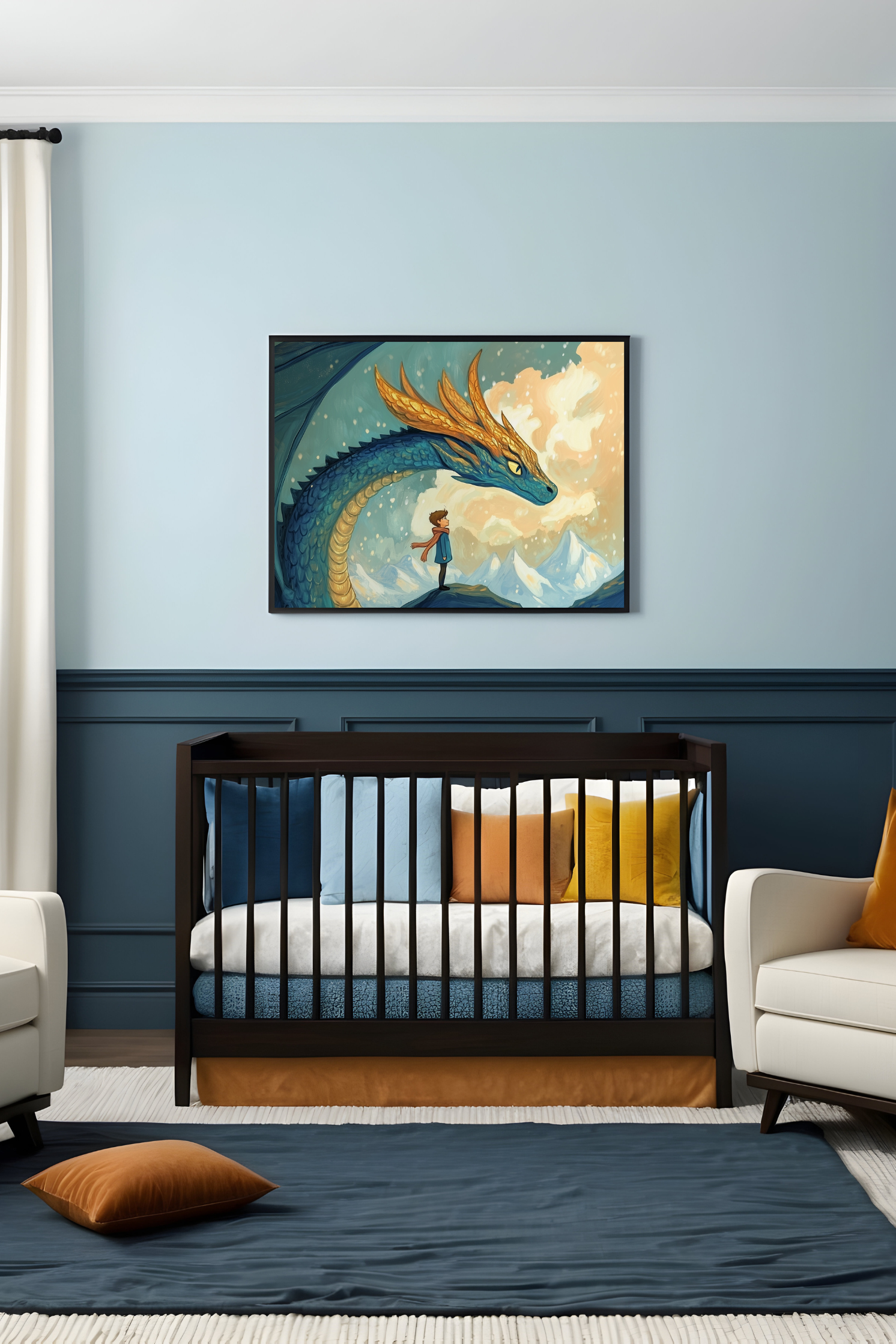 Welcoming nursery styled in calming shades of blue with colorful pillows, a wooden crib, and comfortable seating. Above hangs a captivating painting showing a young child standing confidently face-to-face with a magnificent dragon, set against a backdrop of snowy mountains and dramatic skies, inspiring courage and adventure.