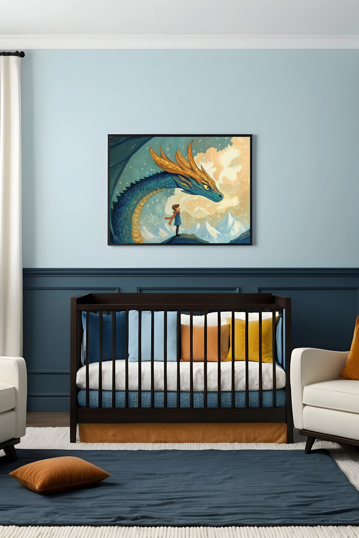 Welcoming nursery styled in calming shades of blue with colorful pillows, a wooden crib, and comfortable seating. Above hangs a captivating painting showing a young child standing confidently face-to-face with a magnificent dragon, set against a backdrop of snowy mountains and dramatic skies, inspiring courage and adventure.