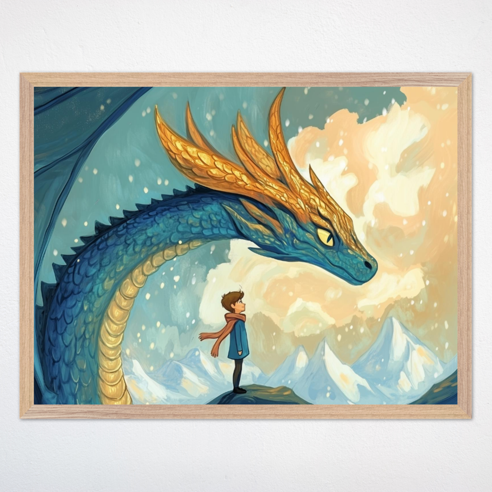 Striking illustration of a boy in a red scarf standing on a mountain ledge, facing a majestic blue dragon with golden horns against a snowy alpine backdrop. Snowflakes drift through the air as the dragon gazes down at the boy, conveying a sense of courage, wonder, and mutual respect.