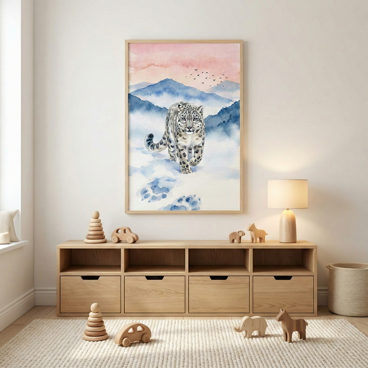 A cozy room features a wooden shelf with toys and a small lamp, set against a wall with a framed painting of a snow leopard walking through snowy mountains under a pink sky.