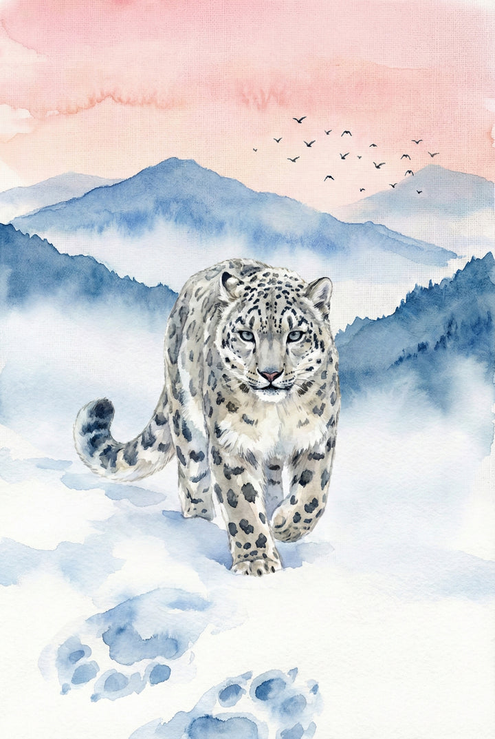 A majestic snow leopard is shown walking forward through a pristine snowy landscape. The animal features thick, pale fur adorned with dark rosettes and a long, powerful tail. Its focused gaze is fixed ahead. Behind the leopard, layers of misty, blue-toned mountains recede into the distance under a soft, peach and pink sky. A small flock of birds flies across the warm horizon. This watercolor illustration uses soft color washes and delicate details to convey a serene, cold atmosphere.