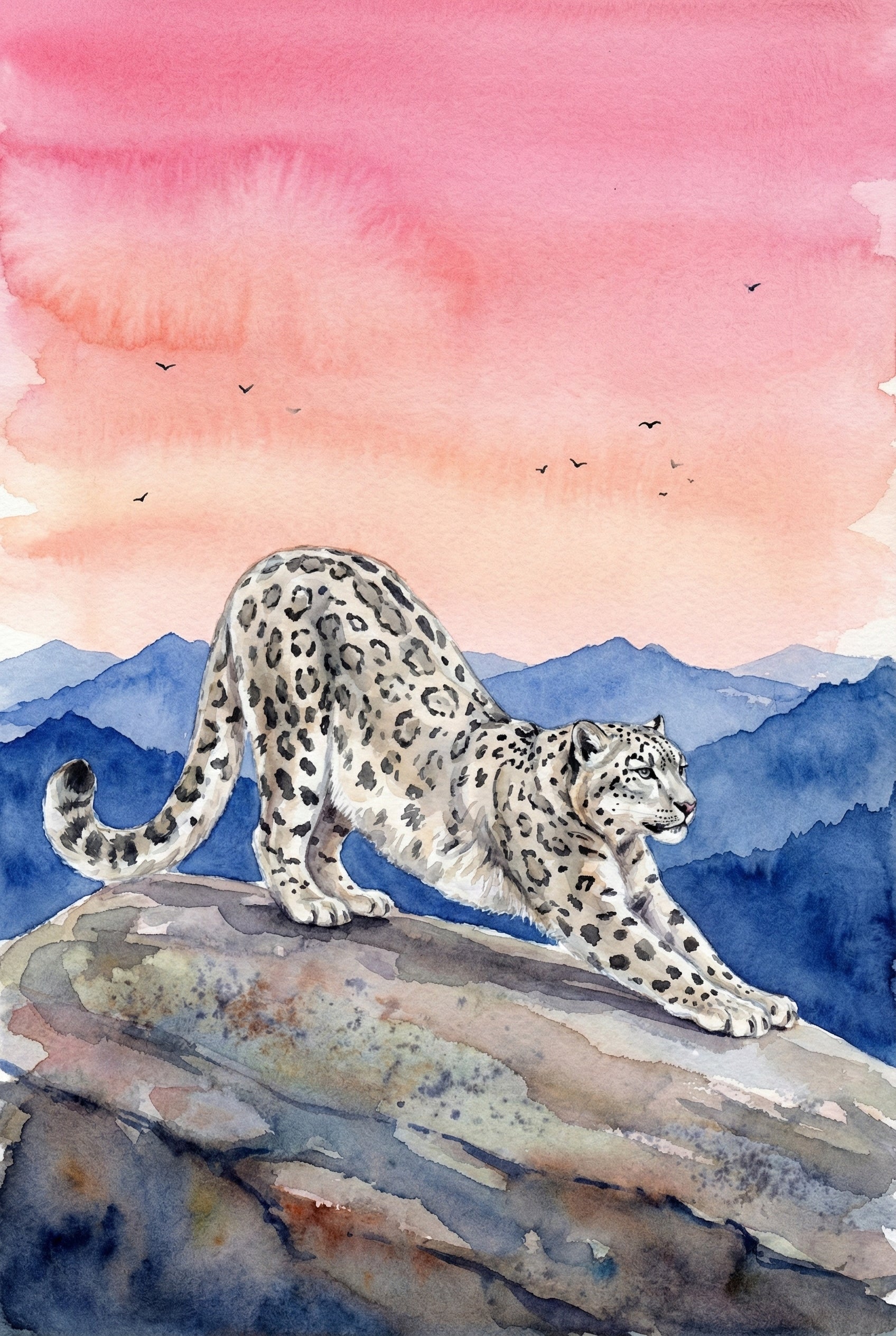 A watercolor illustration depicts a snow leopard stretching on a rocky outcrop. The animal's thick, cream-colored fur is covered in dark rosettes and spots as it arches its back and extends its front paws forward. In the background, layers of deep blue mountains rise against a soft sky filled with washes of pink, peach, and orange. Small bird silhouettes fly through the colorful sky. The artwork features textured washes and delicate details, highlighting the grace of the big cat.