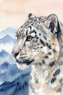 A watercolor illustration of a snow leopard shown in profile against a backdrop of distant, blue-toned mountains. The leopard’s thick, white and grey fur is detailed with dark rosettes and spots. Its focused gaze is rendered in shades of amber and gold. Below a soft, pale pink sky, the animal’s features, including its pinkish nose and long white whiskers, are captured with delicate brushwork. The image has a textured quality, showing soft washes and subtle transitions of color.