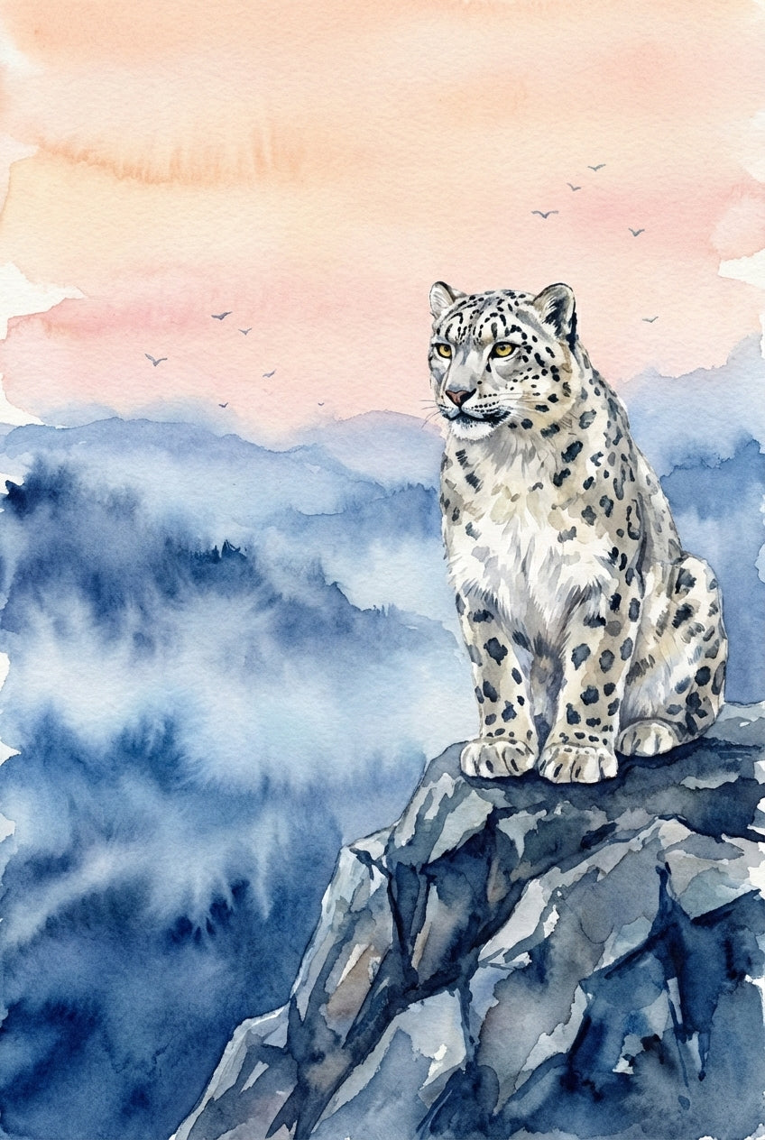 A watercolor illustration of a snow leopard perched atop a craggy rock ledge. The animal has thick, pale fur covered in dark grey spots and rosettes, with alert golden eyes. It looks out over a vast, misty mountain range rendered in deep and light blue washes. The sky above is a soft gradient of peach and warm orange, dotted with the small silhouettes of birds in flight. The piece features soft, bleeding edges and a visible paper texture typical of traditional wet media techniques.