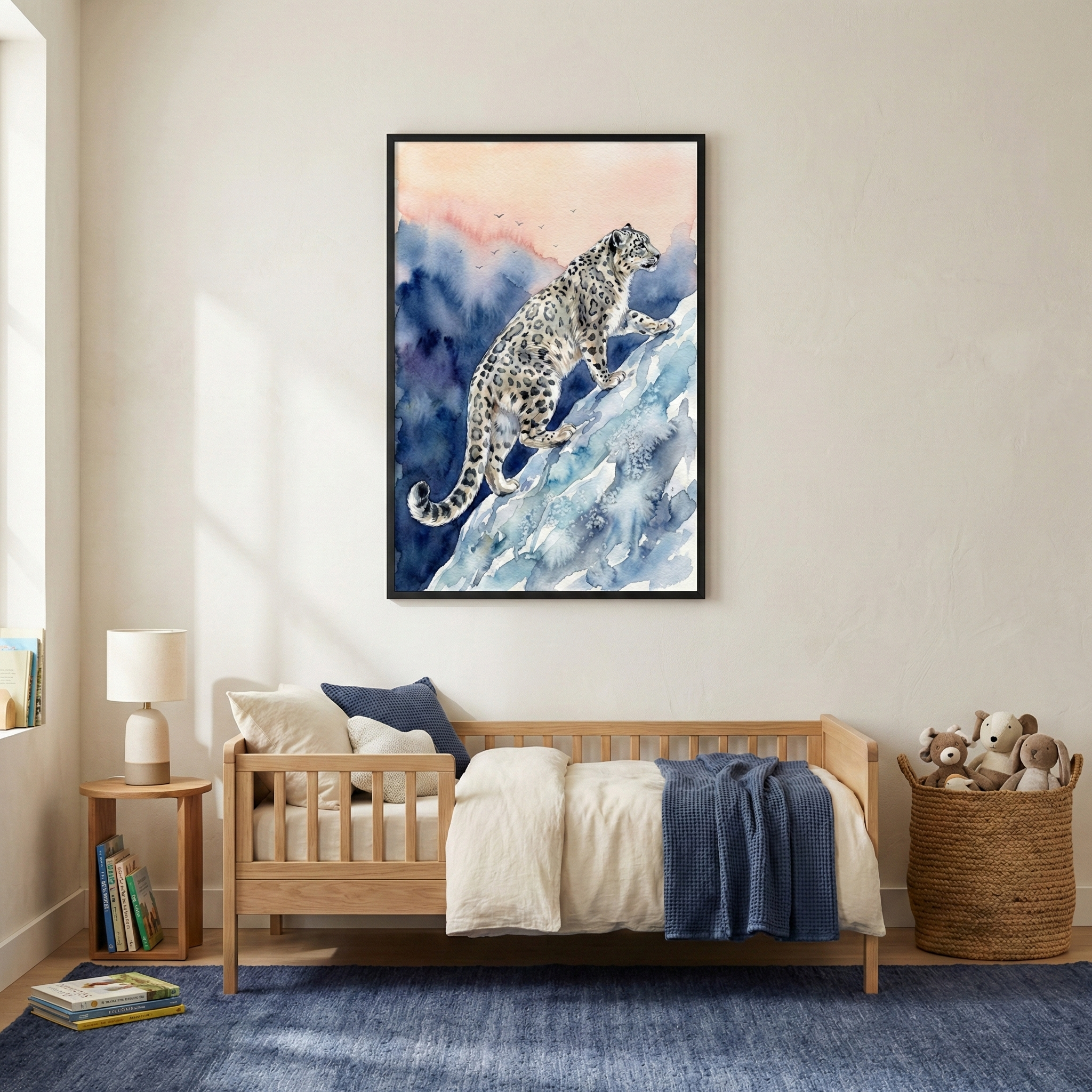 A cozy children's room features a wooden bed with cream bedding and a blue throw. Above the bed hangs a vibrant painting of a snow leopard climbing a snowy mountain, set against a colorful sky. A small wooden table with a lamp and books, and a basket of stuffed animals complete the inviting space.