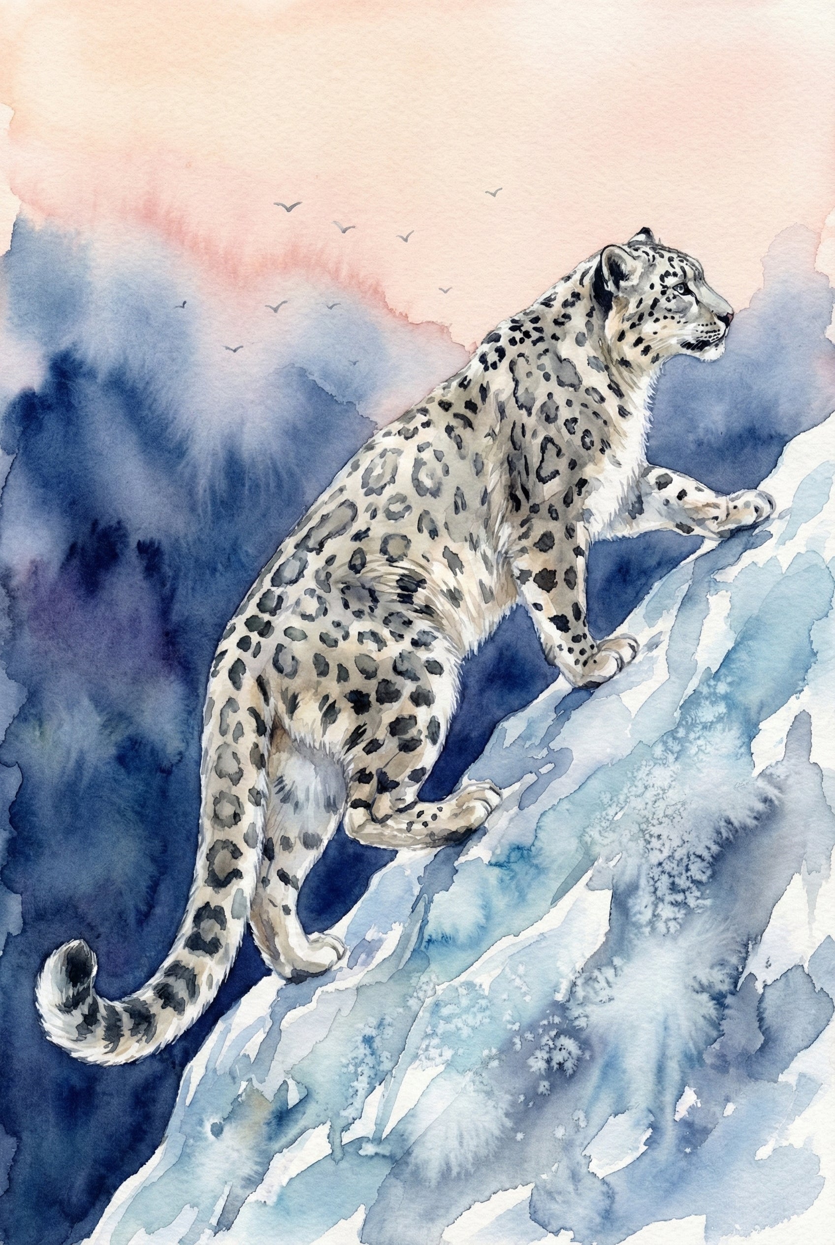 A watercolor illustration of a snow leopard ascending a snowy mountain. The leopard's thick fur is covered in dark gray spots and rosettes, with a long, heavy tail following behind. It is shown in profile, looking towards the right as it climbs an icy slope rendered in shades of light blue and white. The background features deep indigo and purple shadows that transition into a soft, hazy sky of pale peach and light pink. Tiny bird silhouettes are scattered across the distant horizon.