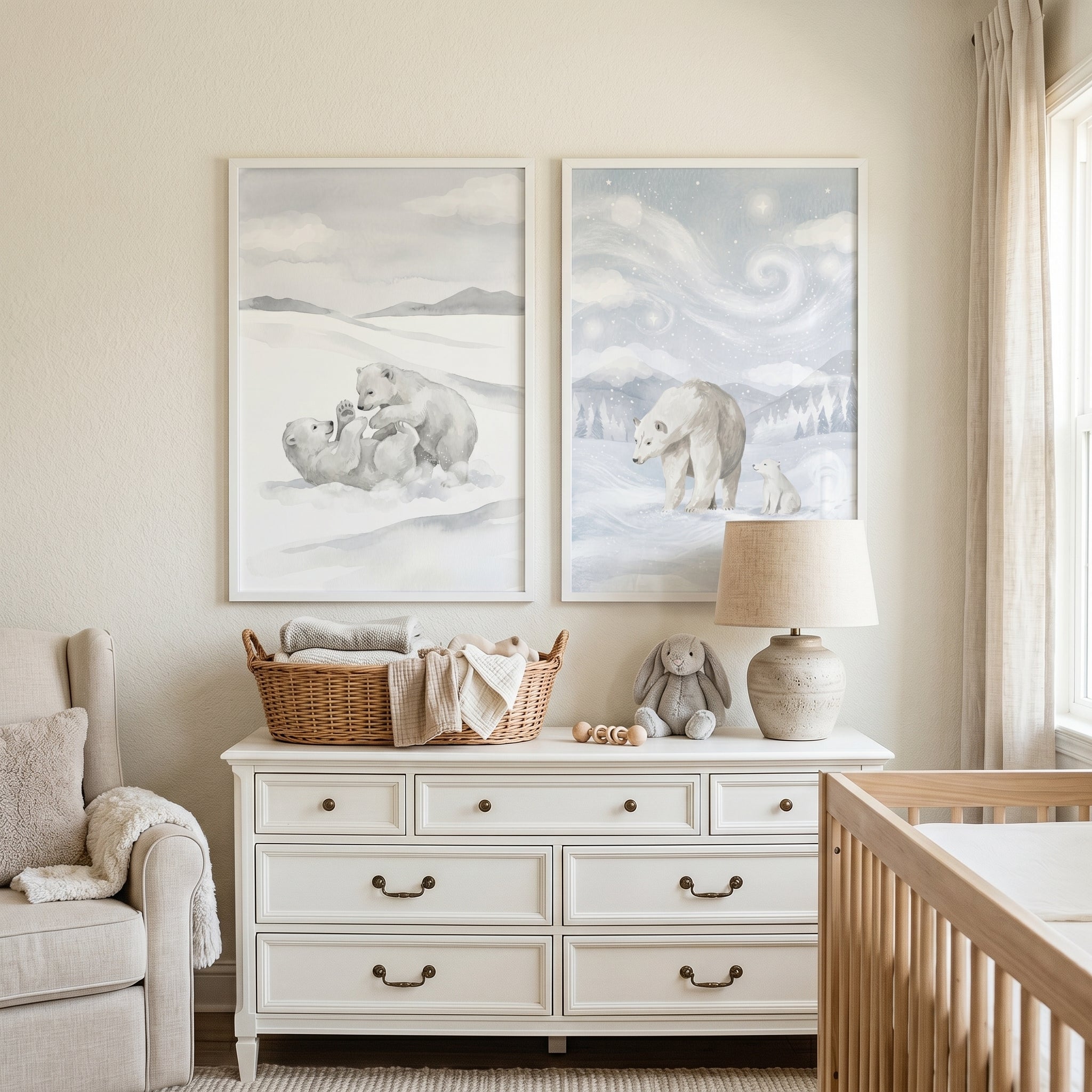 Snowy Arctic Polar Bear Wall Art Set of 2 - Winter Bear Friends