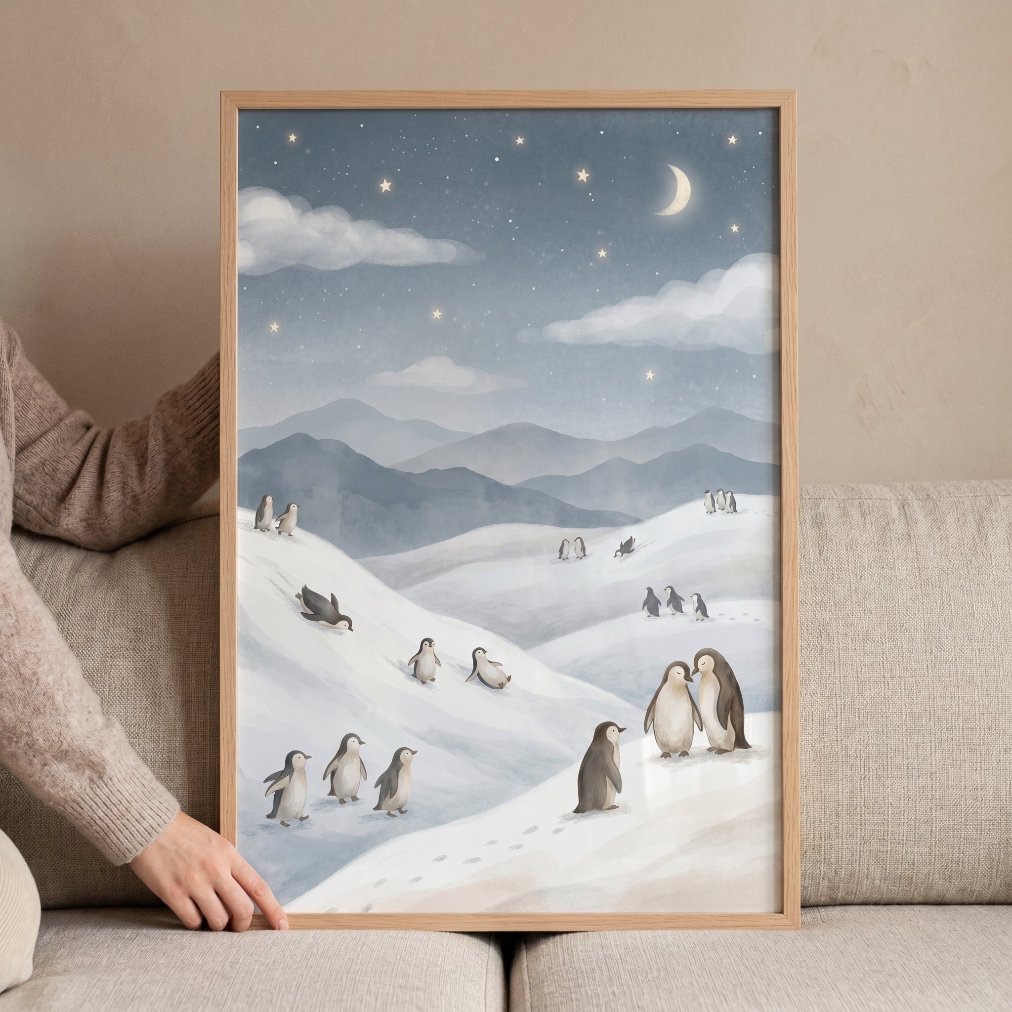 Snowy Hill Sliding Penguin Wall Art - Moonlit Penguin Play