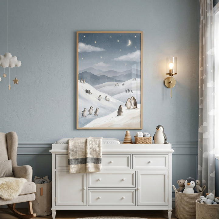 Snowy hill sliding penguin wall art hangs in a blue nursery above a white dresser with a changing pad and rocking chair.