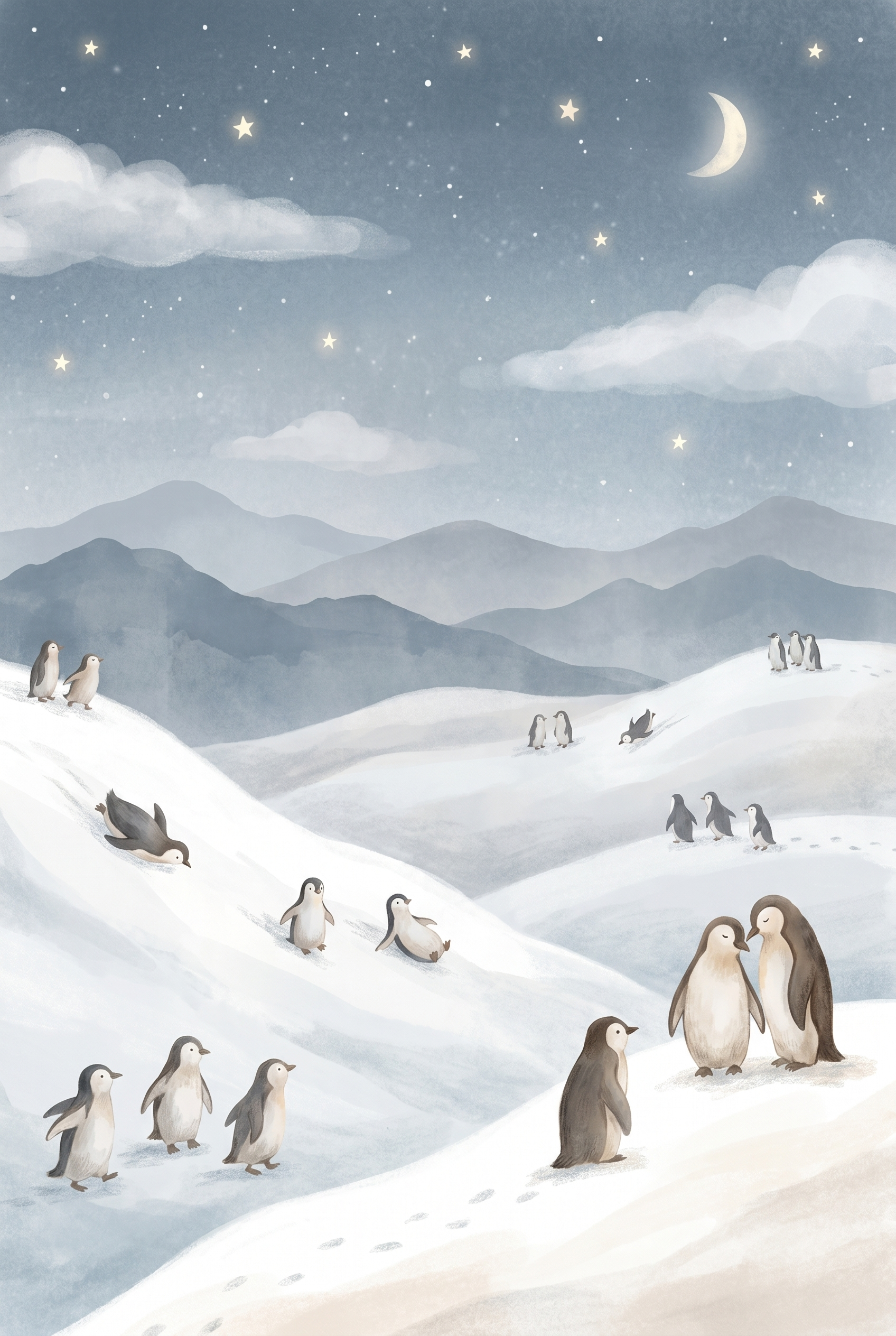 Snowy Hill Sliding Penguin Wall Art - Moonlit Penguin Play