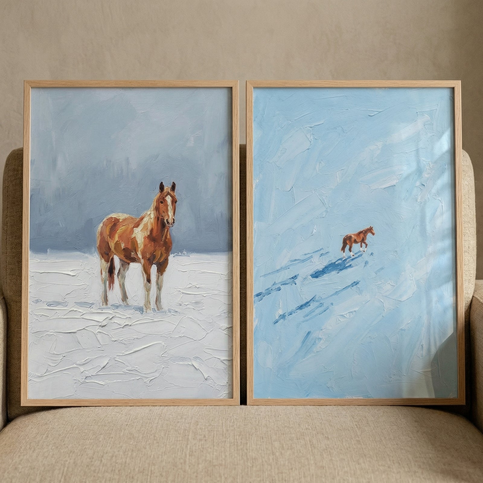 Two framed textured paintings of horses in a snowy landscape, one showing a single brown horse standing in a soft white field and the other showing a small distant horse walking across a pale blue snowy scene. The minimal composition and cool tones create a quiet peaceful winter atmosphere.