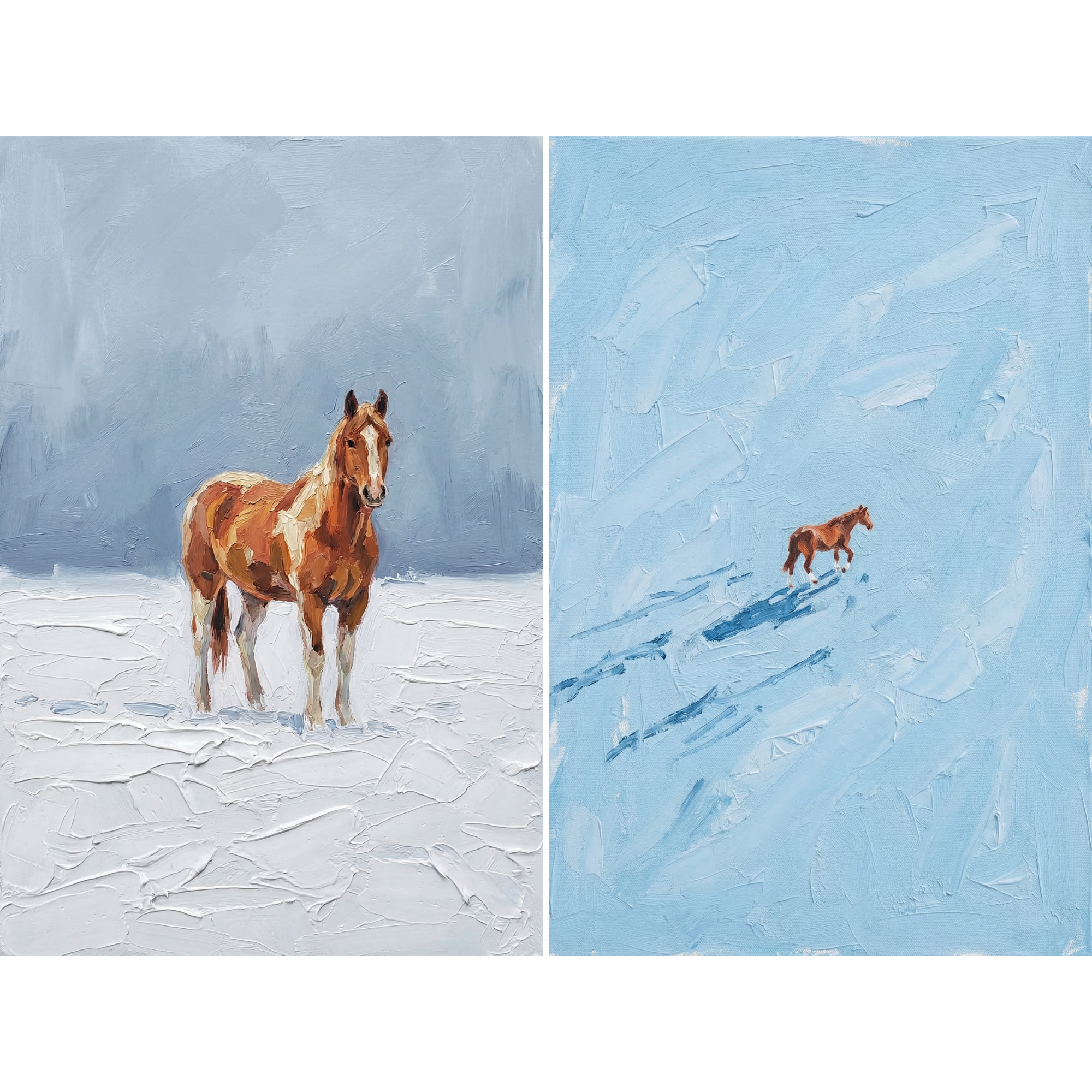 Snowy Meadow Chestnut Horse Wall Art Set of 2 - Winter Solitude