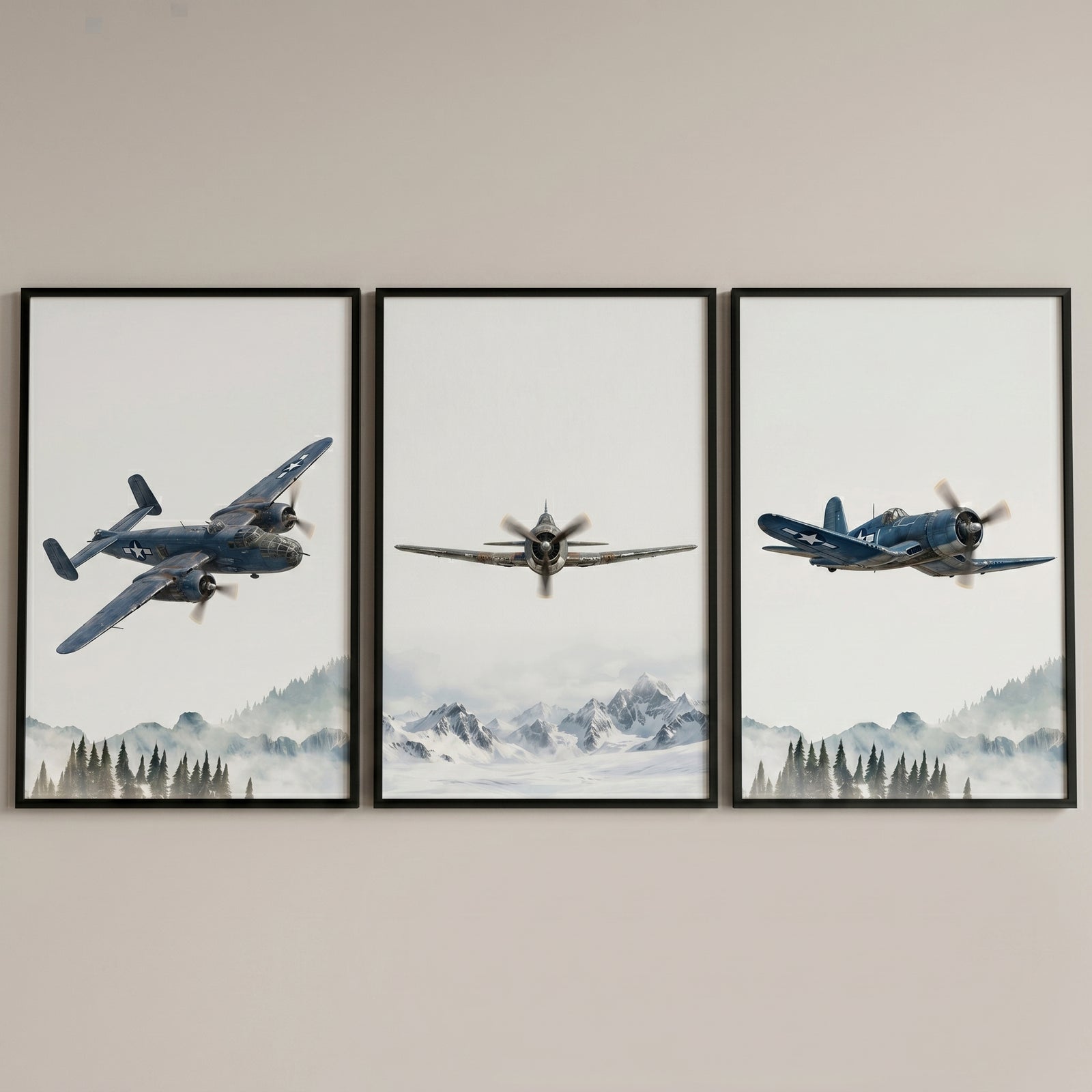 Blue vintage planes fly over forests and peaks in this snowy mountain flight aircraft wall art set of 3.