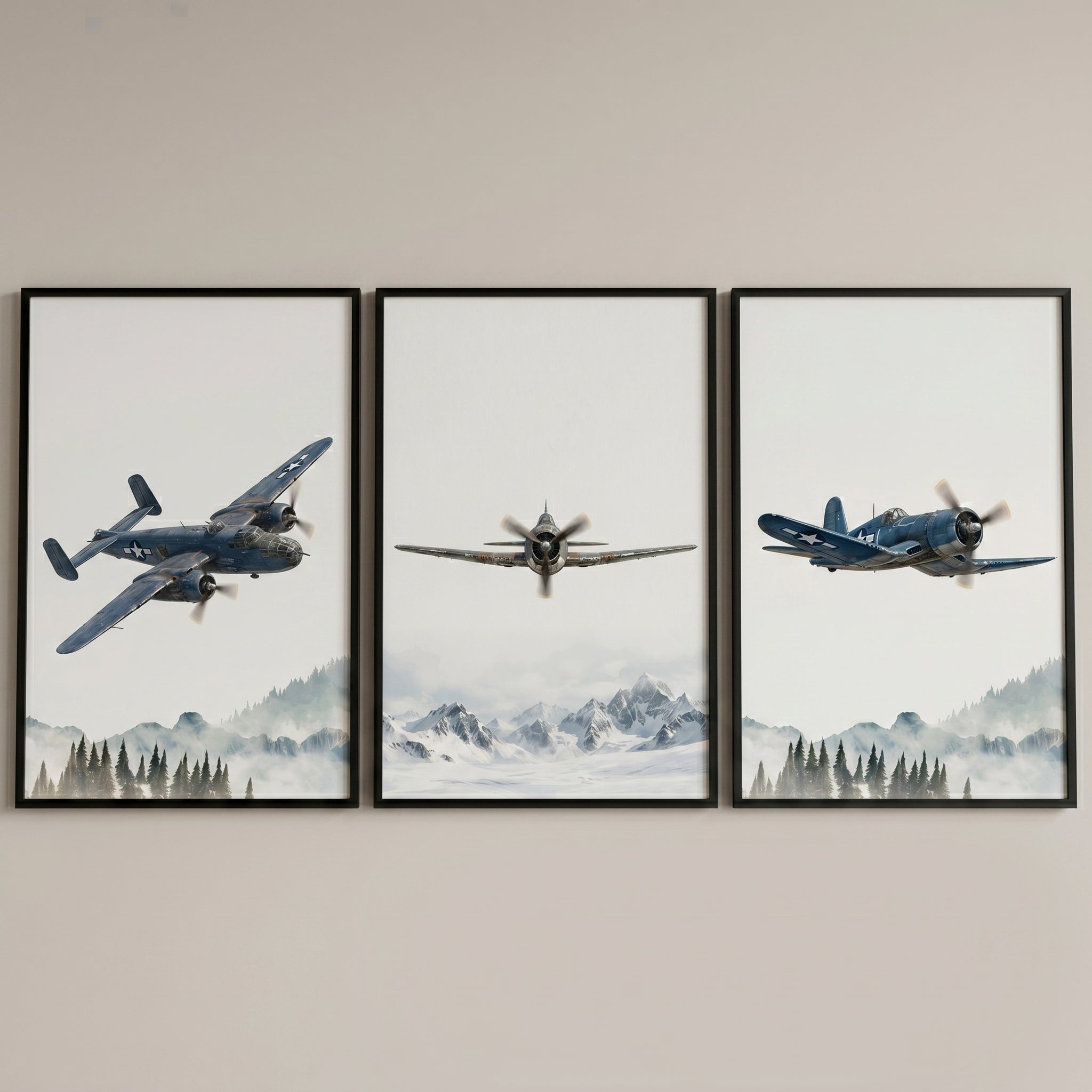 Snowy Mountain Flight Aircraft Wall Art Set of 3 - Vintage Skies Patrol