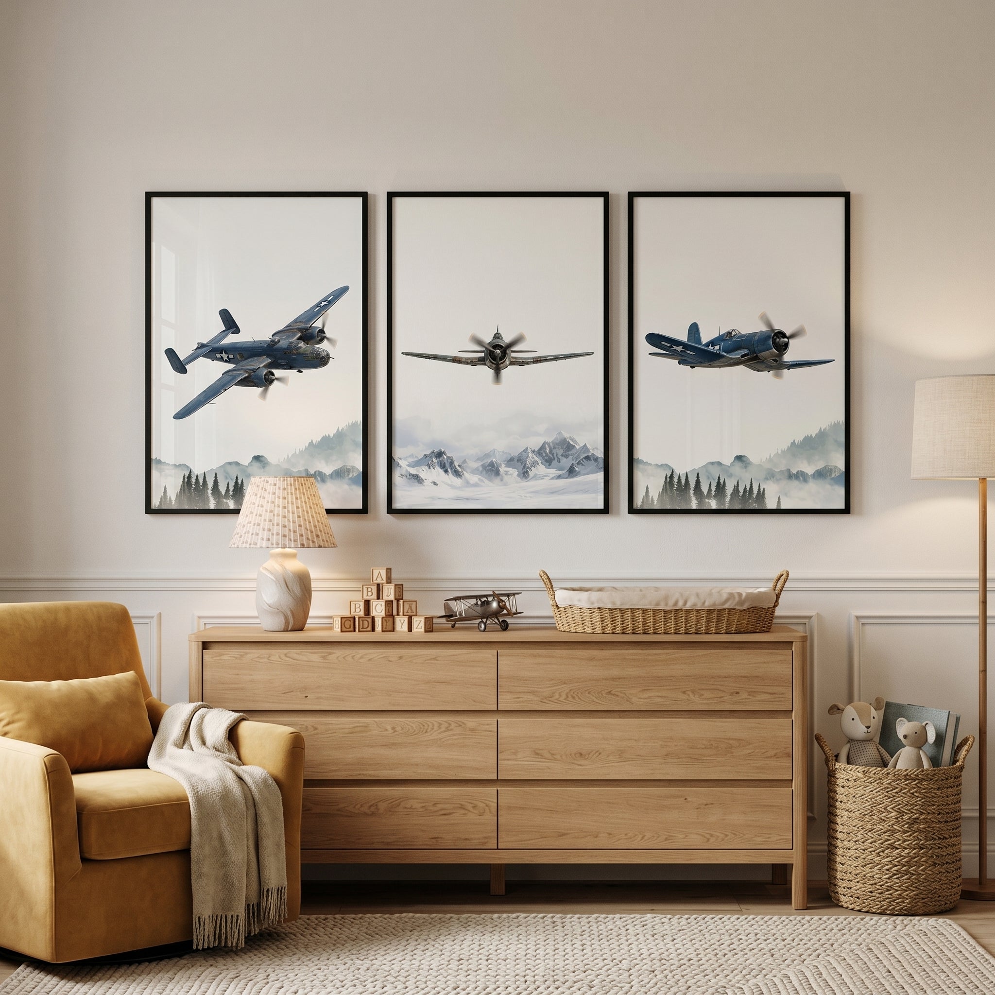 Snowy Mountain Flight Aircraft Wall Art Set of 3 - Vintage Skies Patrol