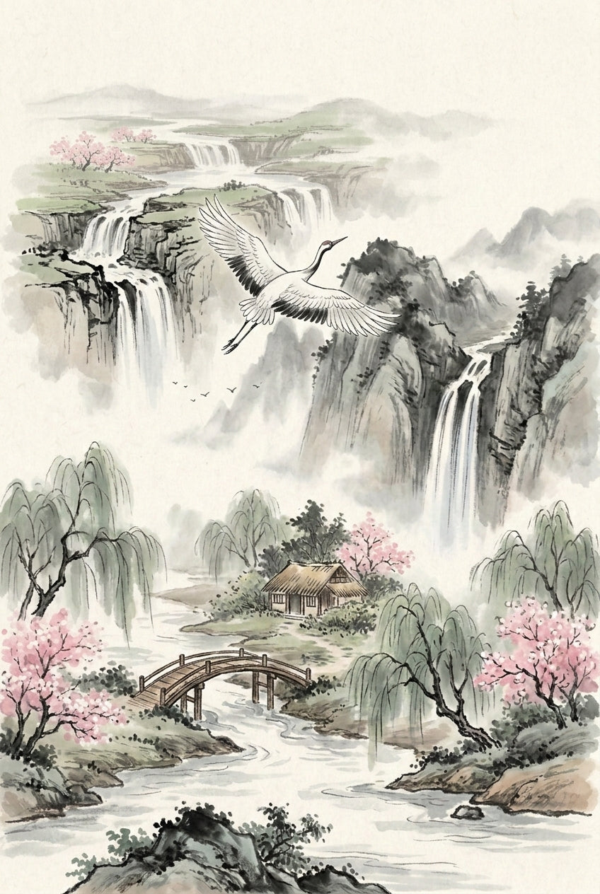 Soaring Crane Waterfall Wall Art - Majestic Crane Flight