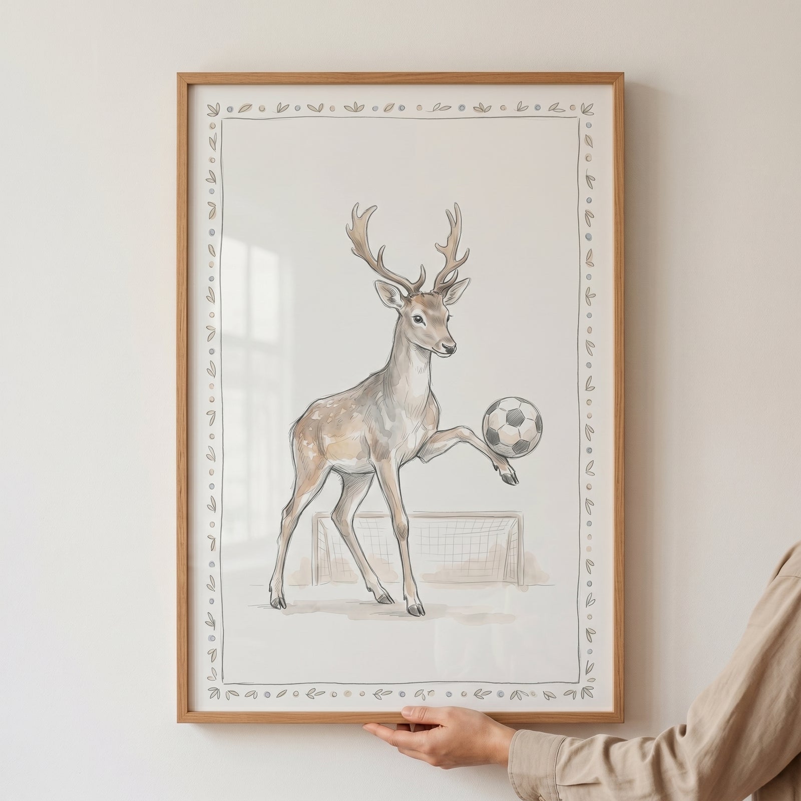 Framed soccer ball balancing deer wall art features an antlered buck with a soccer goal in the background.