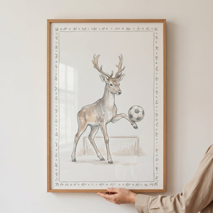 Framed soccer ball balancing deer wall art features an antlered buck with a soccer goal in the background.