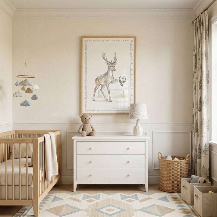 Nursery with a wooden crib, white dresser, and soccer ball balancing deer wall art above a patterned rug.